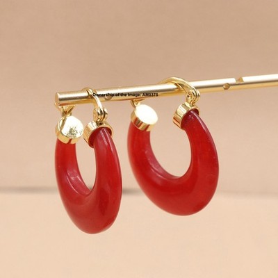 New Yellow Alloy Women Red Jade Moon-Shaped Hoop Earrings Best Gift 30mm H