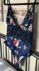 Navy Blue Floral Teddie/ Bodysuit Trimmed In Lace, Size Large — photo 2