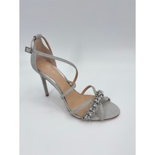 Badgley Mischka Gisele Sandals 7.5 Silver Glitter Embellished Strappy Stiletto