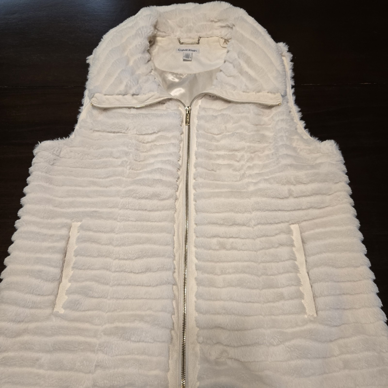 Women's Calvin Klein Jacket Vest Sleeveless Winter Faux Fur White Size Large