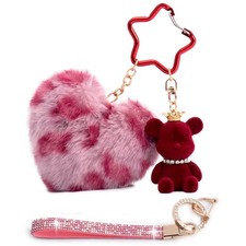 Cute Keychains for Women, Bear keychain Bag Charm,Leopard Plush Heart Puff Ba...