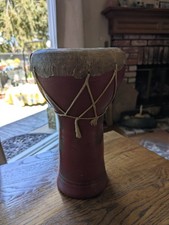 Small African Hand Drum Ceramic And Animal Hide 10" High By About 6" At Widest.