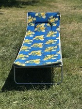 Vintage 70s Metal Frame Folding Sun Lounger Floral Blue Made In Uk