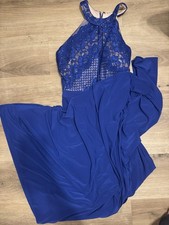 Blue Lace High Neck Sleeveless Formal Gown Long Floral Pattern Women’s Size