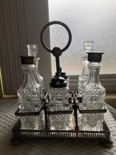 Vintage 6 Piece Glass CRUET SET + HOLDER  ORIGINAL GERMANY