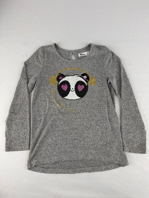 Epic Threads Grey Long-Sleeve Panda Sequin Tee with Gold Headphones