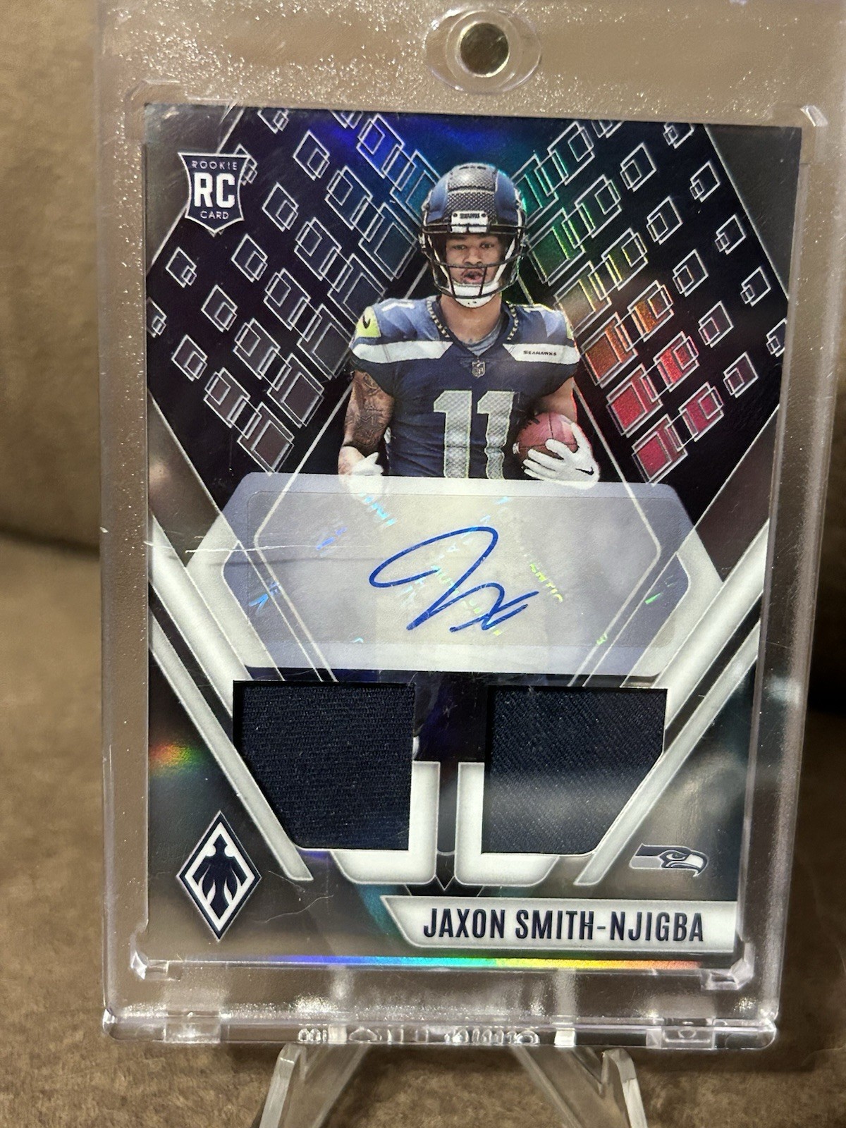 Jaxon Smith-Njigba RPA 2023 Phoenix Rookie Dual Patch Auto /225 Dinged Corner view 5