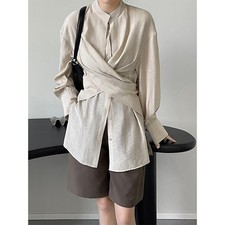 Women's Stand Collar Cross Tie Waist Solid Color Long Sleeved Shirt Street Tops