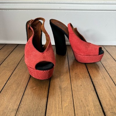 Sixtyseven Red Reptile Suede Peep Toe Platform Block Heels 37 / 6