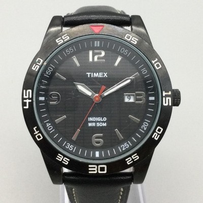 Timex Fairlawn Indiglo Mens Watch 42mm Black Leather Date WR 50M New Battery