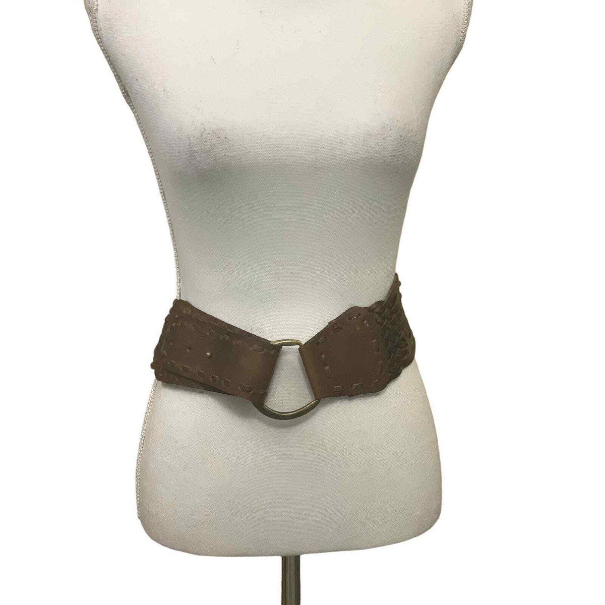 Wide brown braided leather belt, brass ring, snap closure