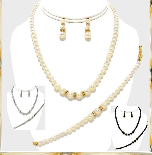 Choker Statement Pearl Necklace 1 Strand String Crystal Drop Earrings Bracelet