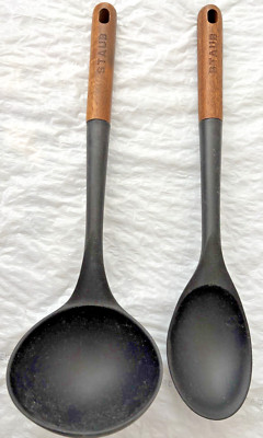 STAUB Serving Spoon & Ladle Black Silicone w/Wooden Handle 12'' EUC