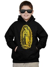 Youth Gold Foil Virgin Mary Black Hoodie Kids Religious Catholic Virgen Maria