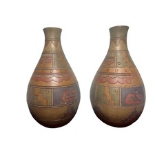 Signed Pottery Set Of 2  Aztec Mayan Wedding Vases Storytelling Matching