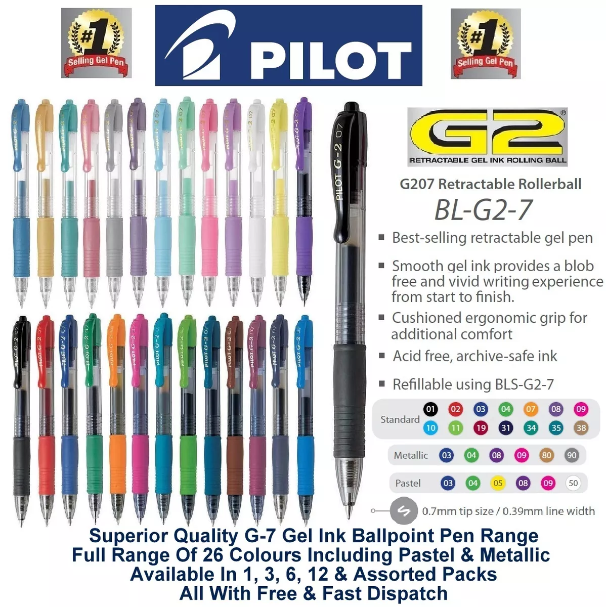 Pilot G2 07 Fine Retractable Gel Ink Pen Rollerball 0.7mm Colour Metallic  Pastel