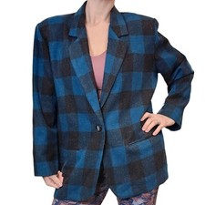80s 90s Wool Blend Plaid Checkered Teal Blue Dark Gray Blazer Boyfriend Fit M/L