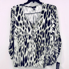 NWT Mackenzie & James 3X White Black Animal Print Convertible Sleeve Blouse Top