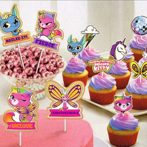 Regenbogen Schmetterling Einhorn Kätzchen Kuchen Cupcake Topper Set 12 Teile Geburtstag Party - Bild 1 von 5