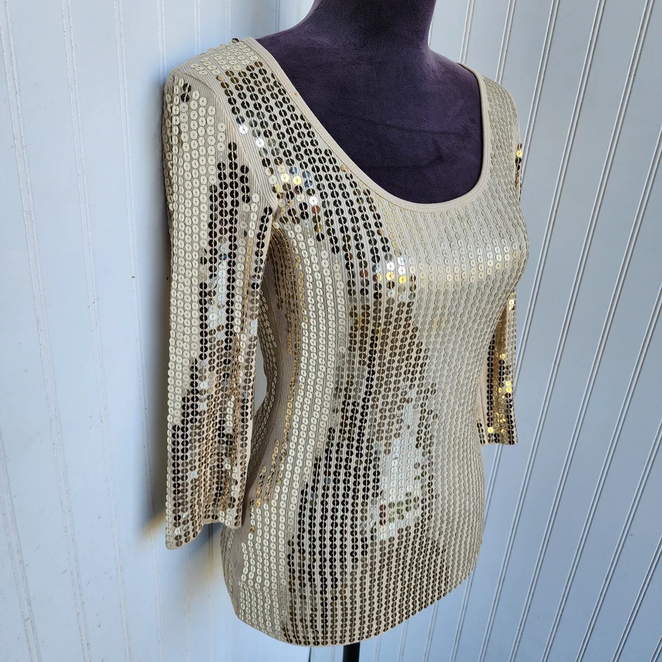 Top Express Gold Lentejuelas 100 % Algodón Pima Para Mujer Pequeño Glamour Manga 3/4 Talla XS  Foto 3 de 4