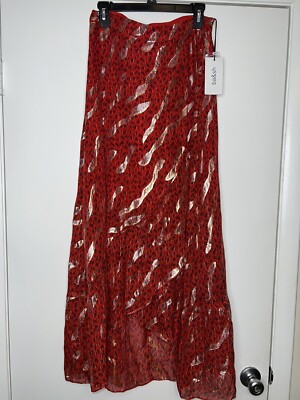 $335 BA&SH Women's Red Metallic Print Wrap Chiffon Silk Long Skirt Size M US 2