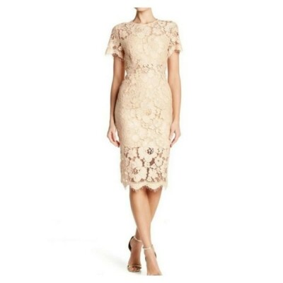 NWT NSR Tan Lace Short Sleeve Overlay Short Sleeve Sheath Midi Dress Small  $115 | eBay