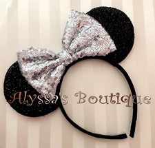 NEW Minnie Mouse Ears Headband Shiny Black Silver Bow Birthday Party Favors Cute