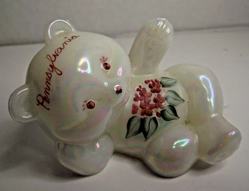 Vintage FENTON Reclining Bear Figurine Hand Painted PENNSYLANIA Flowers Signed