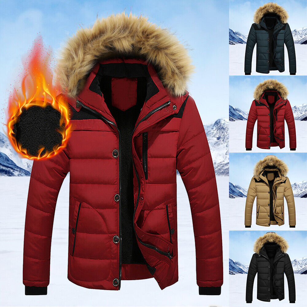 Mens Fleece Hooded Padded Parka Jacket Fur Collar Thick Winter Warm ...