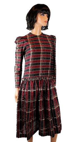 80s Prom Dress Sz 6 S Vintage Black Burgundy Red Metallic Gold Long Sleeve Gown - Picture 5 of 7