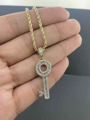 2 Ct Baguette Diamond Key Shape Pendant 14K Yellow Gold Finish 16'' Chain Free