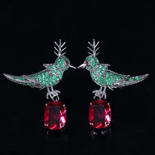 Black Gold Plated CZ Bird Square Drop 925 Sterling Silver Earring Animal Jewelry