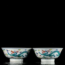 A Pair Chinese Doucai Porcelain Hand Painted Exquisite Dragon Pattern Bowl 14437