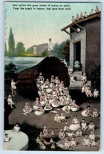 c1910's Surreal Fantasy Babies Children On Big Basket Unposted Antique Postcard
