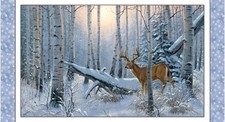 Winter Sunrise Deer Snowy Birch Trees Large 24x44 Digital Cotton Fabric Panel
