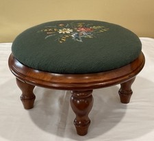 Vintage Hand Stitched Green Floral Foot Stool HEAVY Wood Frame