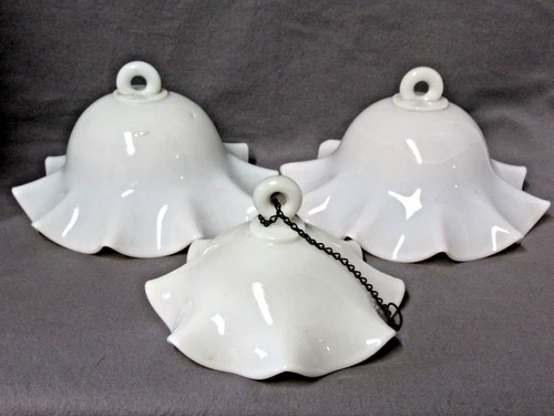 LOT OF 3 ANTIQUE MILK GLASS SMOKE BELLS FOR VICTORIAN HANGING OIL LAMPS