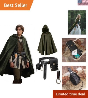 Medieval Hooded Cloak Cape, Renaissance Costume Set with Belt Pouch, Velvet H...