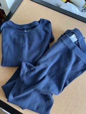 Women Pajamas Set Waffle Snug Fit 2 Piece Long Sleeve Blue Medium
