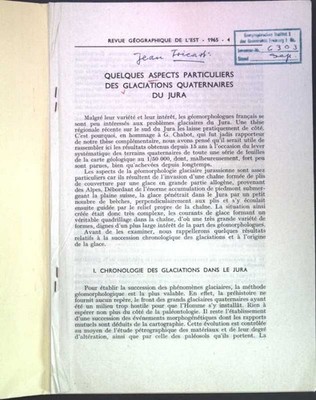 Quelques aspects particuliers des glaciations quaternaires du Jura; Tricart, Jea