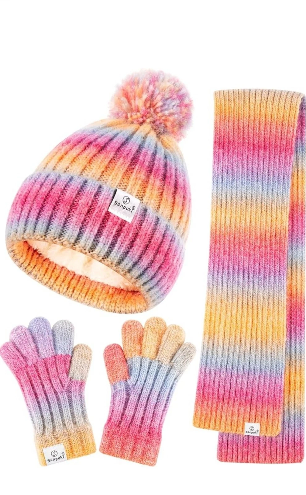 Kids Winter Beanie Gloves Scarf Set,Girls Toddler Winter Hat with Pom Neck Warme