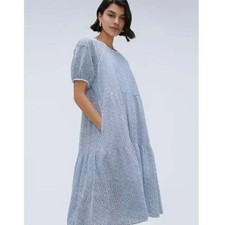 EVERLANE Blue White Eyelet Tiered Midi Dress Puff Sleeve Size XS