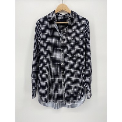 Lysse Button Down Shirt Women Small Black White Good Grid Stretch High-Low Hem