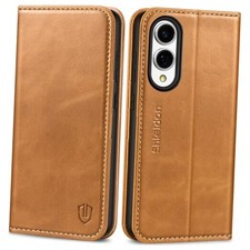 Case 5G 6.7", Genuine Leather Wallet for Galaxy S25 Edge Retro Light Brown