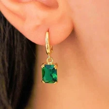 Natural Green Emerald 3. Ct Emerald Cut Dangle Earrings 14K Yellow Gold solid