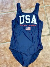 Vintage Ralph Lauren Sport Swimsuit Women's Size 14 Navy One Piece USA Flag Logo