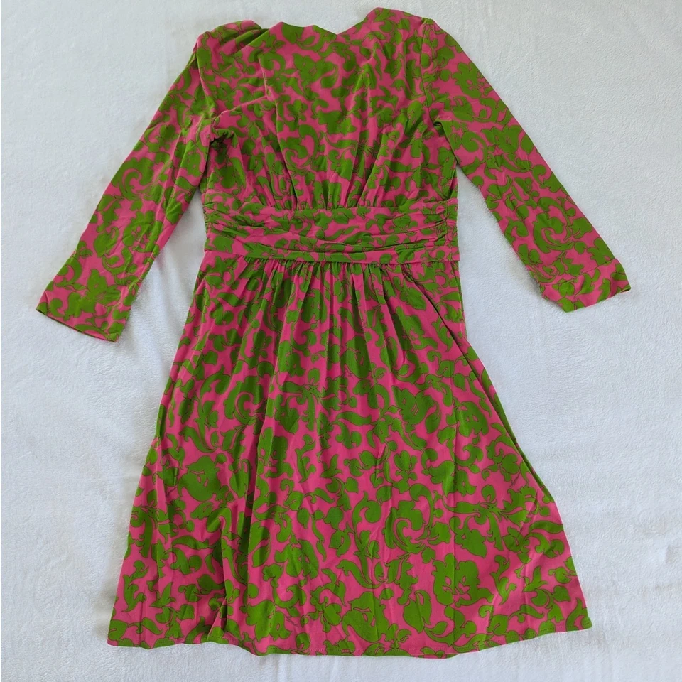 Milly Нью-Йорк розовый зеленый печать V шеи собранными в Рюш талии мини-платье 100% шелк размер L - Изображение 2 из 4