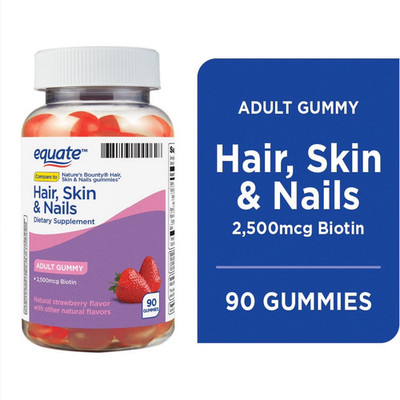 Equate Hair, Skin, and Nails Dietary Supplement for Adults 2500mg, 90ct Gummies