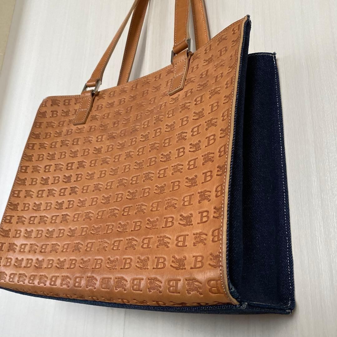 Burberry Blue Label Tote Bag Leather Denim Logo Embossed Handbag Black New thumbnail 23