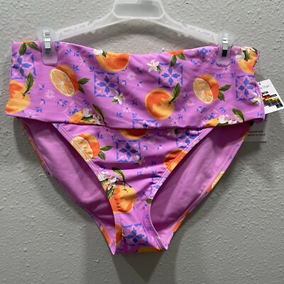 Time & Tru High Waist Bikini Bottom Purple Oranges Print Size M 8-10 NWT